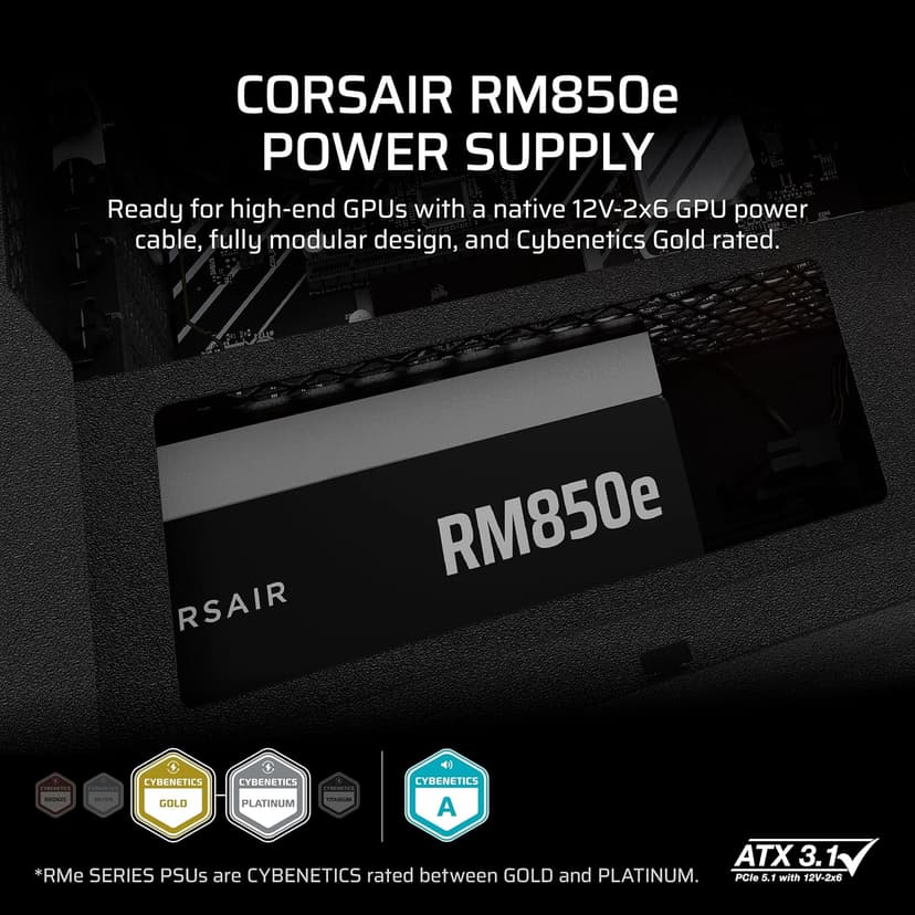 CORSAIR RM850e (2025) Fully Modular Low-Noise ATX Power Supply with 12V-2x6 Cable – ATX 3.1 & PCIe 5.1 Compliant, Cybenetics Gold Efficiency, 105°C-Rated Capacitors, Modern Standby Mode – Black