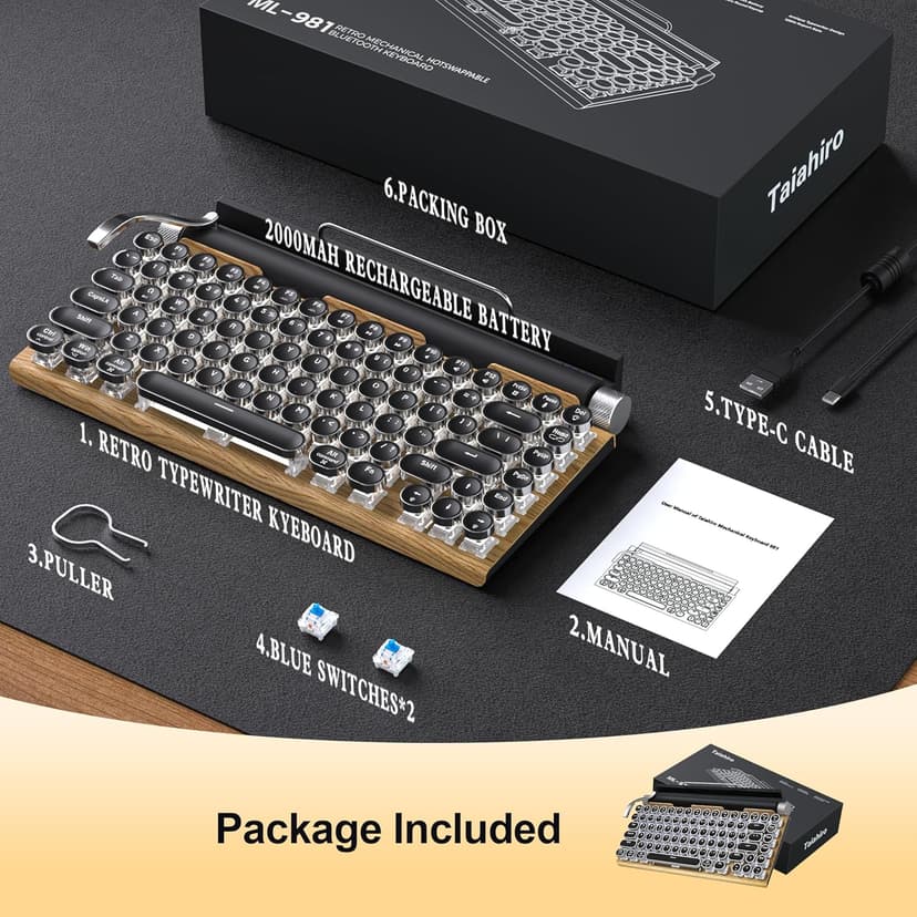 Retro Typewriter Wireless Mechanical Gaming Keyboard, Bluetooth 5.0 Office Computer Vintage Keyboards 83-Key Blue Switches Punk Round Keycap, LED Backlight, Compatible with PC/Laptop/Pad/Phone, Wood