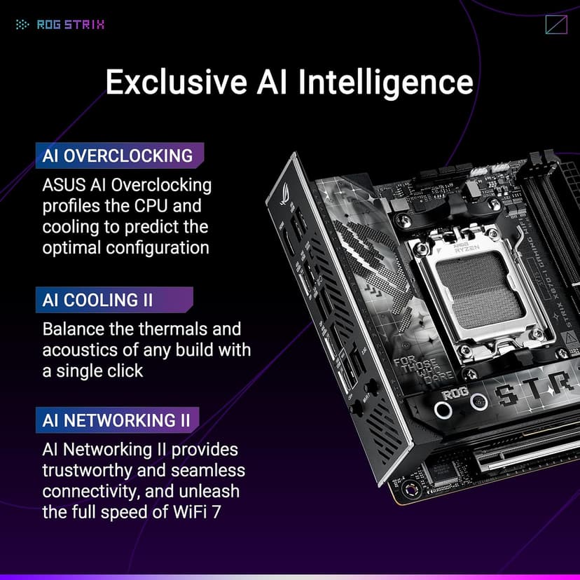ASUS ROG STRIX X870-I GAMING WIFI AMD AM5 X870 Mini ITX motherboard 10+2+1 power stages, Dynamic OC Switcher, Core Flex, DDR5 AEMP, WiFi7, 2x M.2, PCIe®5.0, Q-Release Slim, USB4, AI OCing & Networking