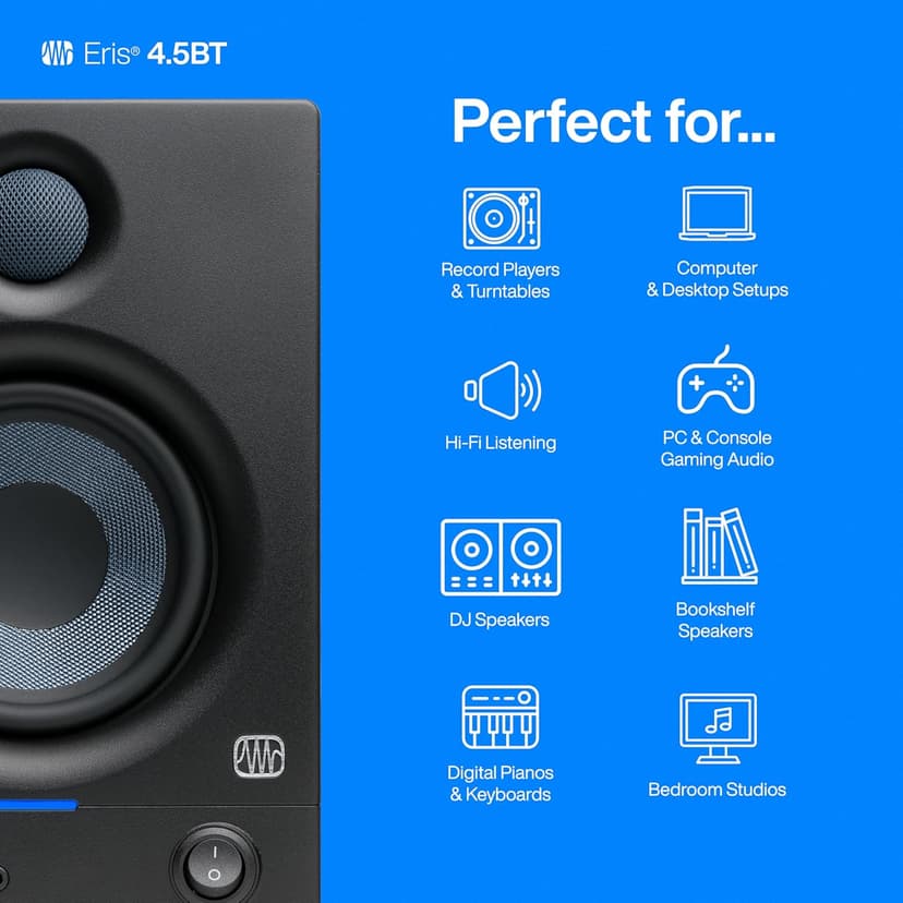 PreSonus Eris 4.5BT Bluetooth Studio Monitors, Pair — 4.5" Inch Powered Bookshelf Speakers, Stereo, Desktop Computer, Near Field Music Production, Audio Mixing Recording