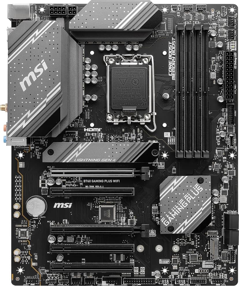 msi B760 Gaming Plus WiFi Gaming Motherboard (Supports 12th/13th/14th Gen Intel Processors, LGA 1700, DDR5, PCIe 4.0, M.2, 2.5Gbps LAN, USB 3.2 Gen2, HDMI/DP, Wi-Fi 6E, Bluetooth 5.3, ATX)