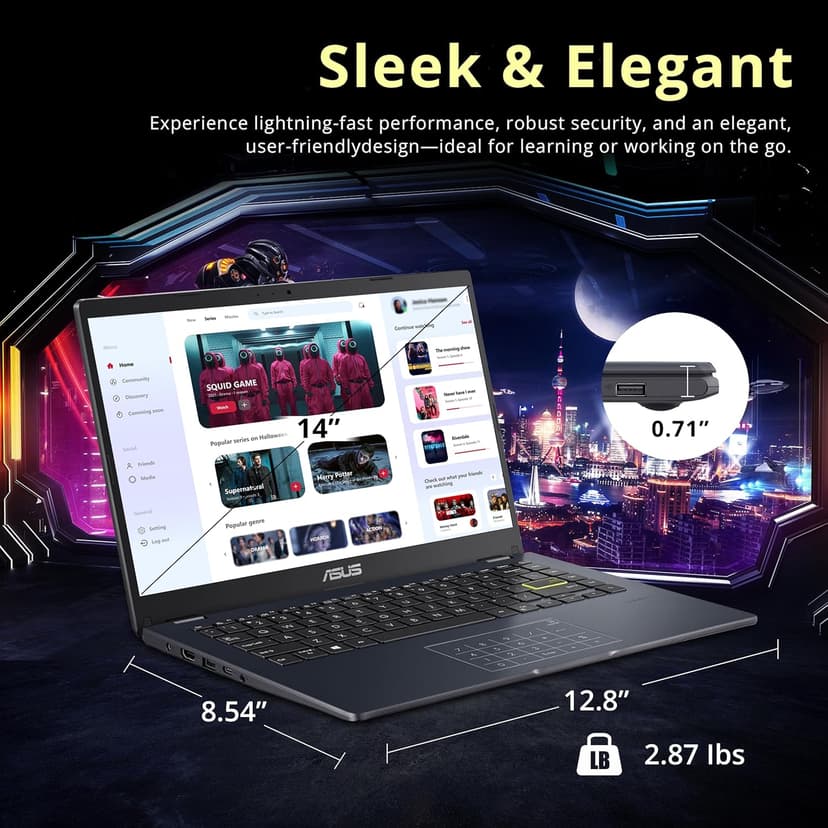 ASUS 14" FHD Laptop, Intel Celeron N4500 Processor, 4GB RAM, 224GB Storage(64GB eMMC+160GB Docking Station Set), Intel Iris Xe Graphics, 720P Camera, Bluetooth, Win 11 S, Quiet Blue