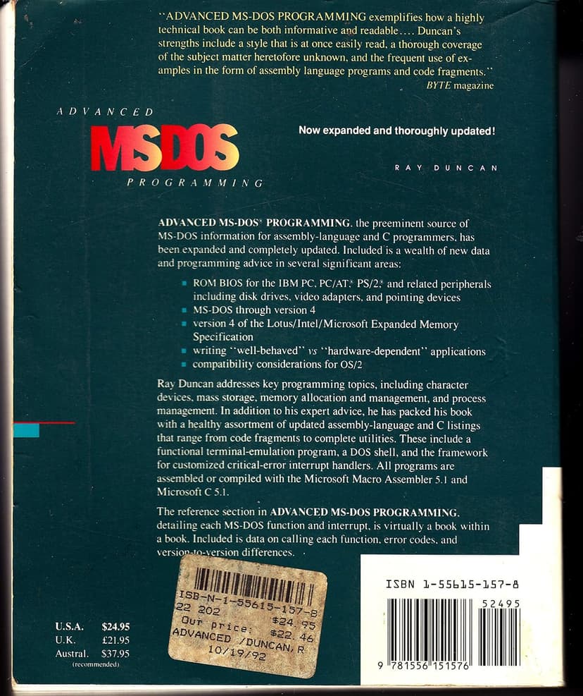 Advanced MS-DOS Programming: The Microsoft Guide for Assembly Language and C Programmers