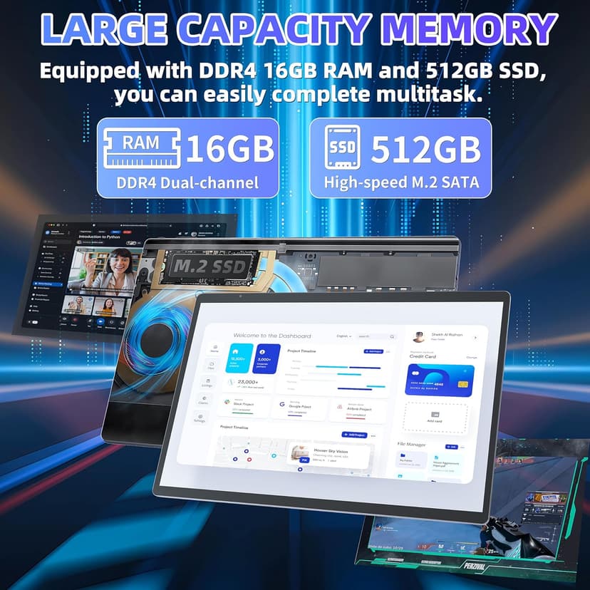 【Win 11 Pro/Office 2019】2-in-1 Convertible Laptop, 14" 2.2K Touchscreen, Detachable Magnetic Keyboard, 12th Gen Alder Lake-N95, 16GB DDR5 RAM, 512GB/1TB SSD, HD Camera, Cooling Fan, Type-C (512G SSD)