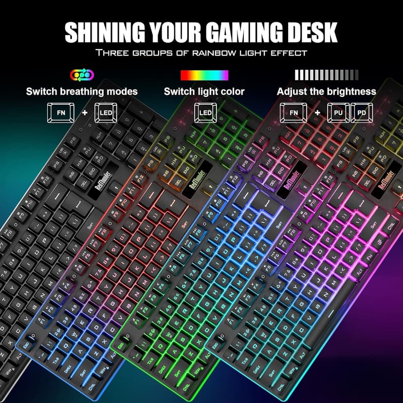 RedThunder K10 Wireless Gaming Keyboard and Mouse Combo, LED Backlit Rechargeable 3800mAh Battery, Mechanical Feel Anti-ghosting Keyboard + 7D 3200DPI Mice for PC Gamer (Black)