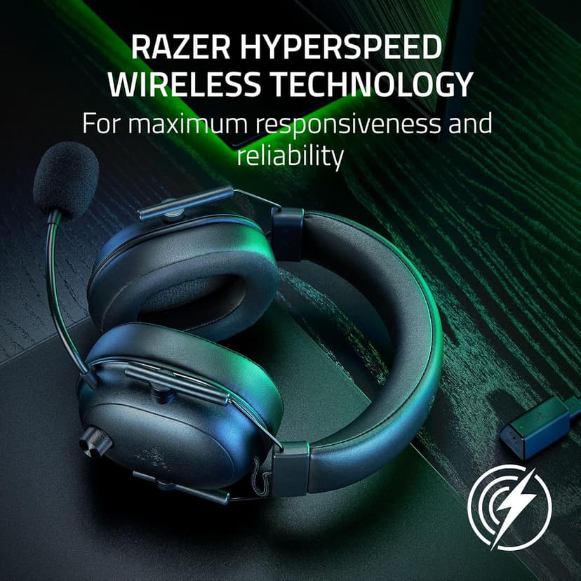 Razer BlackShark V2 HyperSpeed Wireless Gaming Headset: 280g Lightweight - THX Spatial Audio - Bendable Mic - 50mm Drivers - 2.4GHz, Bluetooth or USB - 70 Hr Battery w/USB Type C Charging - Black