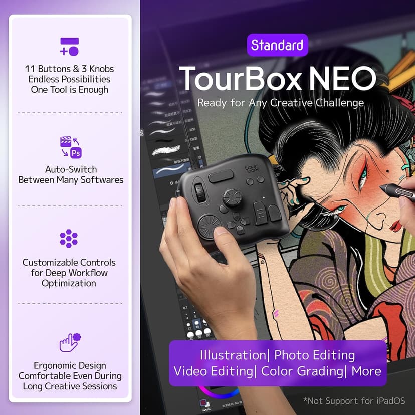 TourBox NEO - Custom Controller for Photo Video Editing, Color Grading, Illustration, MacOS/Windows, Photoshop Lightroom Davinci Resolve After Effects Premiere Final Cut Pro Programmable Keyboard