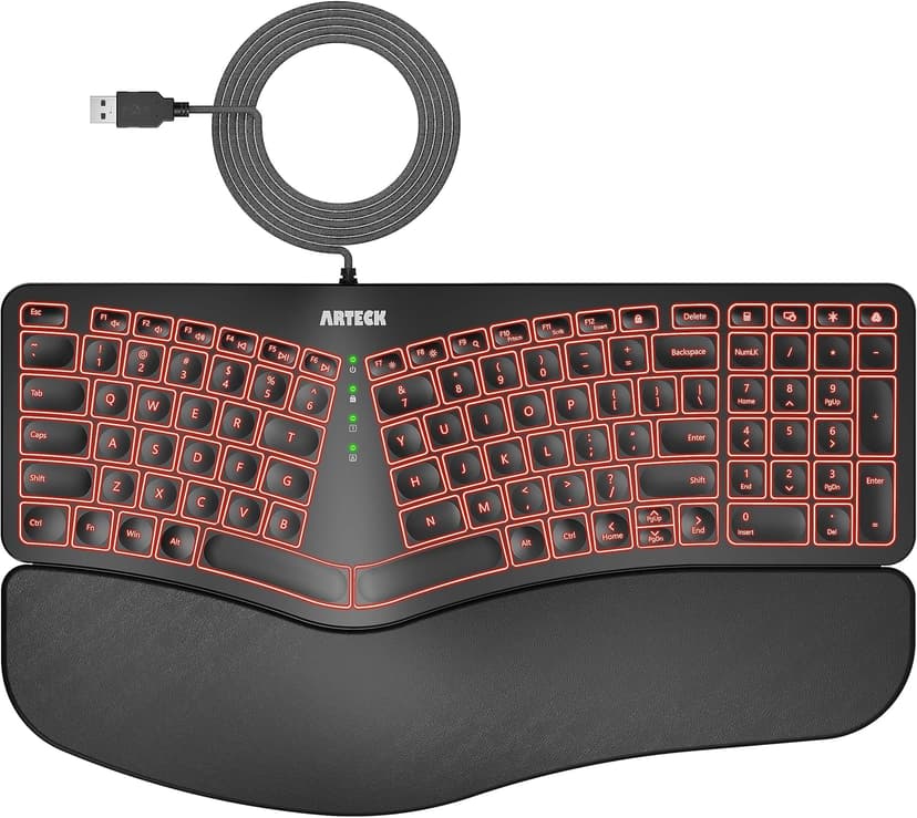 Arteck Ergonomic USB Wired Keyboard with Cushioned Wrist & Palm Rest, Backlit 7 Colors & Adjustable Brightness Comfortable Natural Split Keyboard with 6 Feet Wire for Windows Computer Desktop Laptop