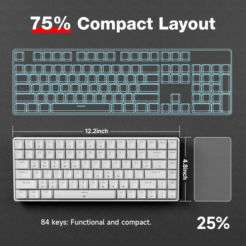 TMKB T84SE Gaming Keyboard, 75% Mechanical Gaming Keyboard with Linear Red Switch, Ice Blue LED Backlit, Detachable USB-C, Full Anti-Ghosting for Gaming/Typing/PC/Laptop/Win/Mac, US Layout, White