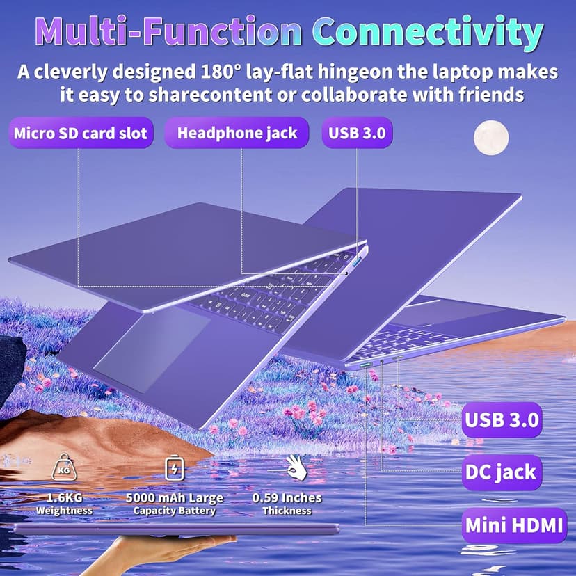 16" Purple Laptop - 12th Gen Intel N95, 12GB LPDDR5 RAM, 1TB NVMe SSD, 2K FHD IPS Display, 7-Color Backlit Keyboard, Fingerprint, Win11 Pro/Office 2019 | Lightweight for Study Work & Play