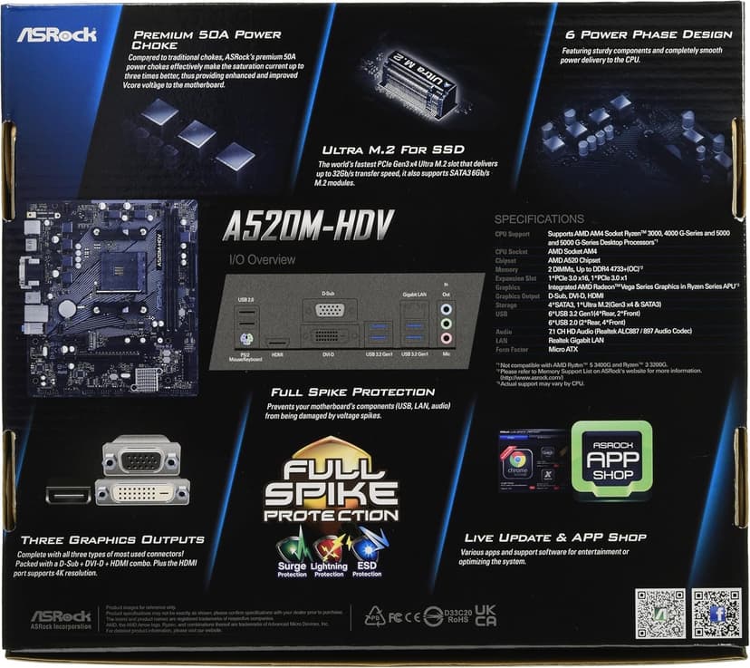 ASRock A520M-HDV Supports AMD AM4 Socket Ryzen™ 3000, 4000 G-Series and 5000 and 5000 G-Series Desktop Processors Motherboard, 32 GB memory storage