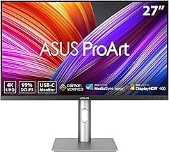 ASUS ProArt Display 27” 4K HDR Professional Monitor (PA279CRV) - IPS, UHD (3840 x 2160), 99% DCI-P3/Adobe RGB, ΔE < 2, Calman Verified, USB-C PD 96W, DisplayPort, Daisy-Chain, Ergonomic, 3yr Warranty