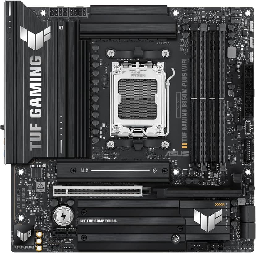 ASUS TUF Gaming B850M-PLUS WiFi AMD AM5 B850 mATX Motherboard, 14+2+1 80A DrMOS Stages, DDR5, PCIe 5.0, 3X M.2, Wi-Fi 6E, 2.5Gb LAN, DP, HDMI™, USB 10Gbps & 20Gbps Type-C®, BIOS Flashback™, Aura Sync