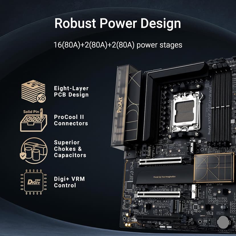 ASUS ProArt X870E-CREATOR WiFi AMD AM5 X870E ATX Motherboard PCIe® 5.0 x16 Slots with Full Support for Next-gen GPUs, 16+2+2 Power Stages, DDR5, Dual USB4®, 10 Gb & 2.5 Gb LAN, WiFi 7, Four M.2 Slots