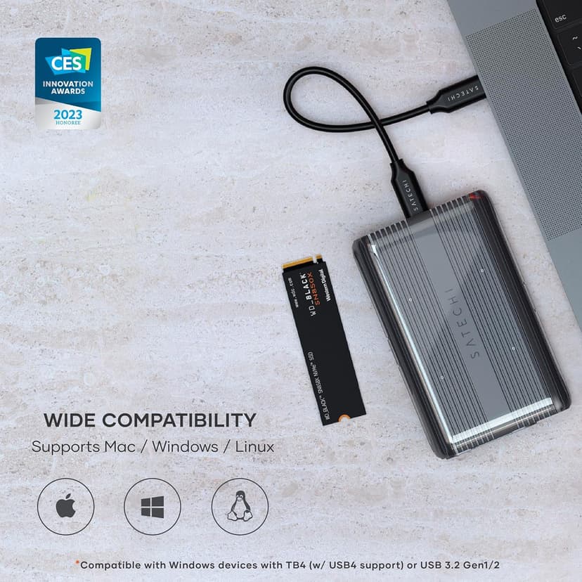 Satechi M.2 Enclosure – USB4 NVMe SSD Pro Enclosure, 40Gbps, up to 16TB, Aluminum Enclosure with Silicone Pin, Polycarbonate Casing, USAP SSD Trim for Sizes 2280/2260/2242/2230mm (SSD Not Included)