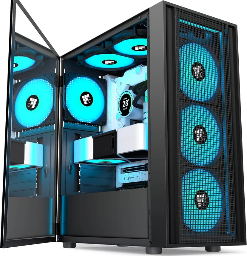 K11 PC Case - Pre-Installed with 4 PWM ARGB Fans, ATX Mid-Tower Gaming Case, Hinged Tempered Glass, Black, FOIFKIN (Black, K11)