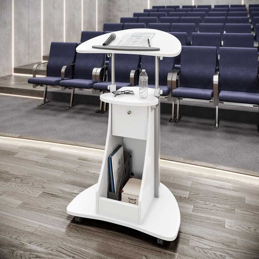 Techni Mobili Adjustable Height Rolling Laptop Cart with Storage, Sit to Stand Desk with Wheels, Podium Stand or Medical Cart, White