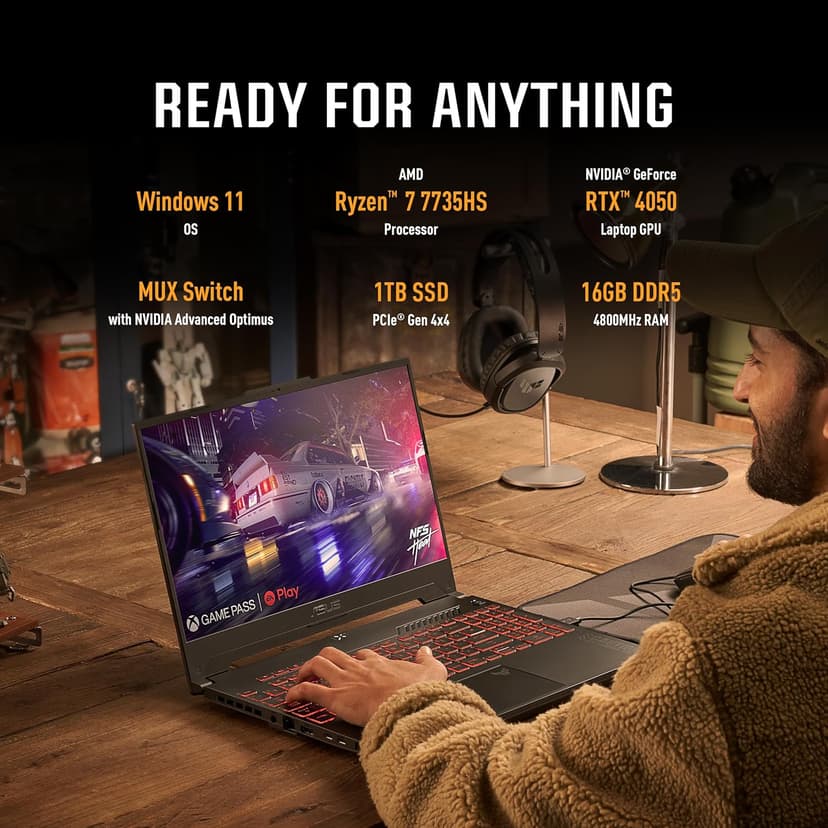 ASUS TUF Gaming A15 (2023) Gaming Laptop, 15.6” FHD 144Hz, 100% sRGB Display, GeForce RTX 4050, AMD Ryzen 7 7735HS, 16GB DDR5, 1TB PCIe SSD, Wi-Fi 6E, Windows 11, FA507NU-DS74,Mecha Gray