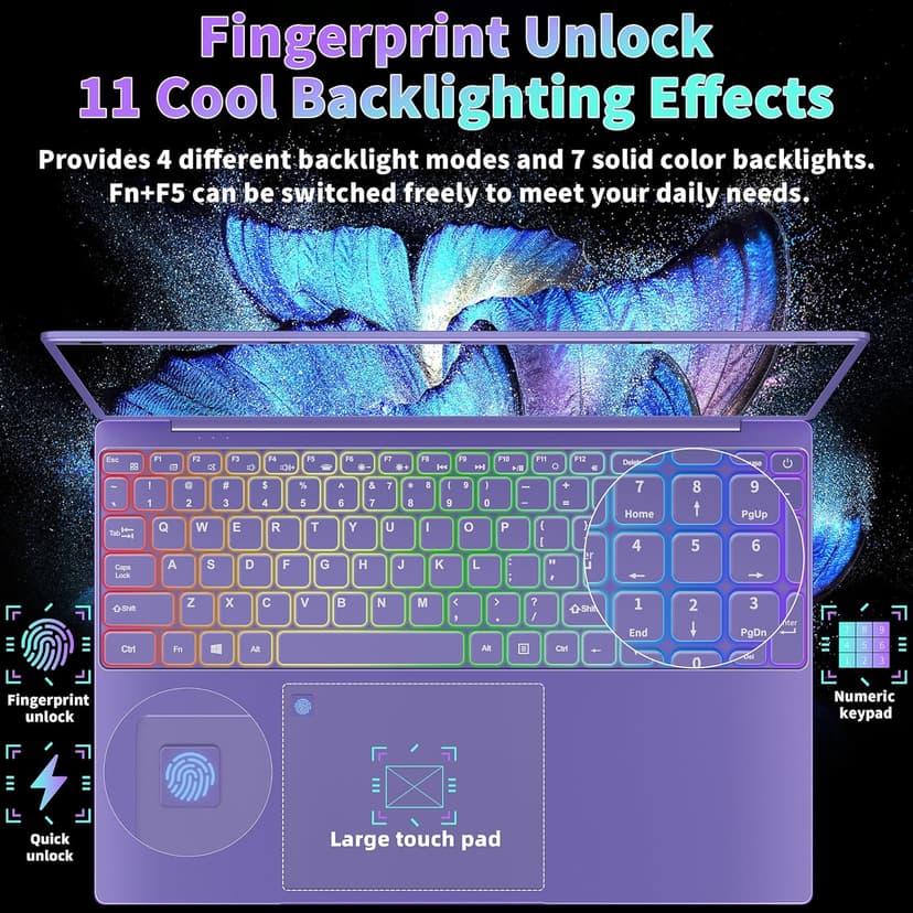 16" Purple Laptop - 12th Gen Intel N95, 12GB LPDDR5 RAM, 1TB NVMe SSD, 2K FHD IPS Display, 7-Color Backlit Keyboard, Fingerprint, Win11 Pro/Office 2019 | Lightweight for Study Work & Play