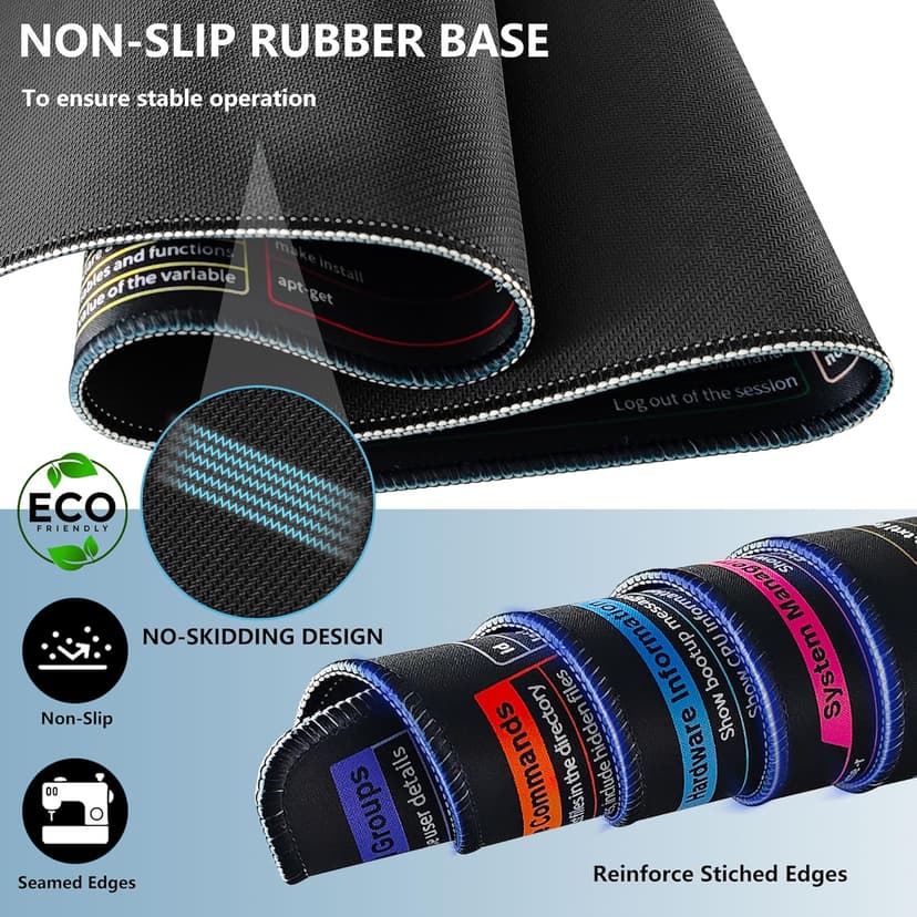 Linux Commands Line Sheet Mouse Pad for Desk, Large XL Mousepad With Shortcuts, 31.5"x11.8" Office Computer Mat, Waterproof Anti-Slip Keyboard Pad, Linux Basics Accessories