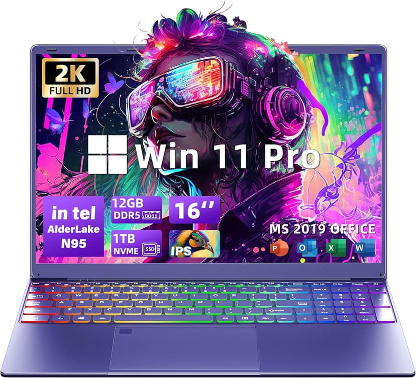 16" Purple Laptop - 12th Gen Intel N95, 12GB LPDDR5 RAM, 1TB NVMe SSD, 2K FHD IPS Display, 7-Color Backlit Keyboard, Fingerprint, Win11 Pro/Office 2019 | Lightweight for Study Work & Play