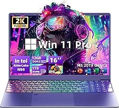16" Purple Laptop - 12th Gen Intel N95, 12GB LPDDR5 RAM, 1TB NVMe SSD, 2K FHD IPS Display, 7-Color Backlit Keyboard, Fingerprint, Win11 Pro/Office 2019 | Lightweight for Study Work & Play