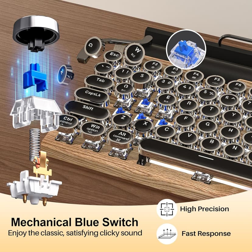 Retro Typewriter Wireless Mechanical Gaming Keyboard, Bluetooth 5.0 Office Computer Vintage Keyboards 83-Key Blue Switches Punk Round Keycap, LED Backlight, Compatible with PC/Laptop/Pad/Phone, Wood