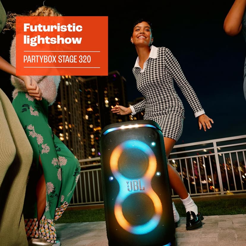 JBL PartyBox Stage 320 - Portable Party Speaker with Telescopic Handle & Wide, Sturdy Wheels, Powerful JBL Pro Sound, Futuristic lightshow, Up to 18 Hours of Play time, Splash Proof (Black)