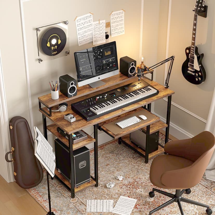 CubiCubi Computer Desk with Keyboard Tray, 47 Inch Office Desk with Monitor Stand and Storage Shelves, Music Studio Desk Workstation, Work Table for Home Office, Rustic Brown