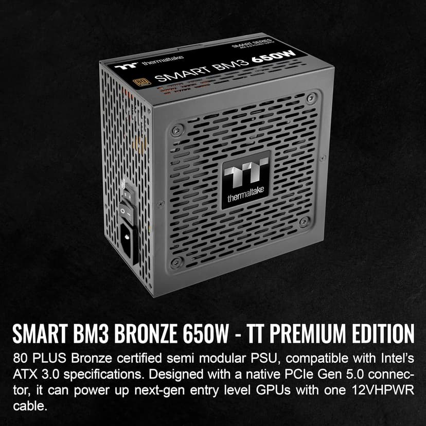 Thermaltake Smart BM3 650W 80Plus Bronze ATX 3.0 & PCIE 5.0 Ready Semi-Modular Power Supply; 105°C/221°F Japanese Capacitor; 5 Year Warranty; PS-SPD-0650MNFABU-3