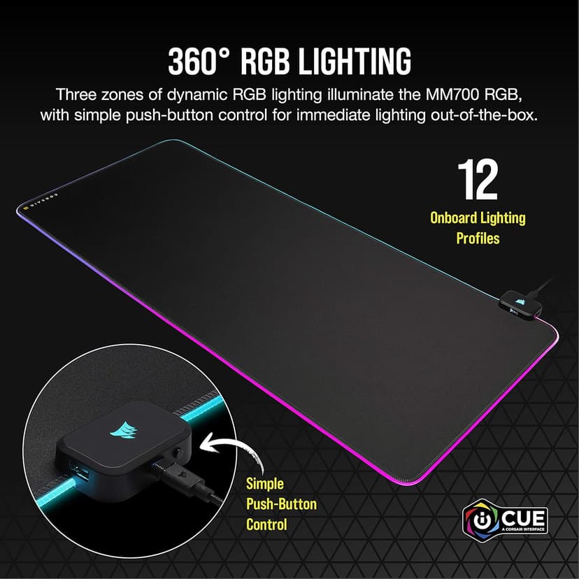 CORSAIR MM700 RGB Extended Cloth Gaming Mouse Pad - 36.6" x 15.8" - 360° RGB Lighting - Two USB Port Hub - Thick Rubber - Black