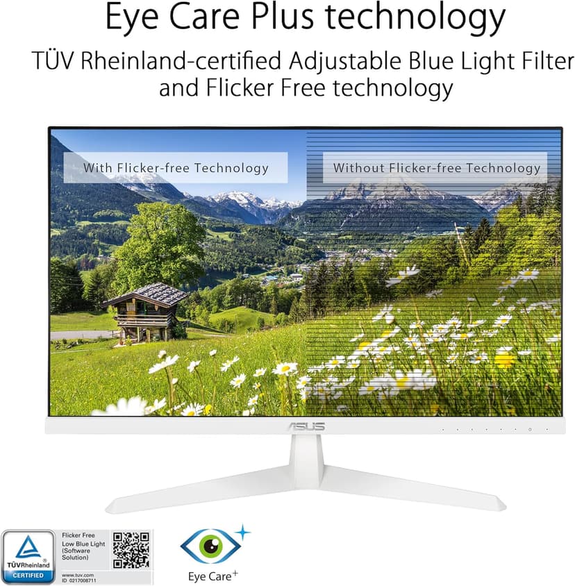 ASUS Eye Care 23.8” 1080P Gaming Monitor (VY249HF-W) – Full HD, IPS, 100Hz, IPS, SmoothMotion, 1ms, Adaptive Sync, Eye Care Plus Technology, Blue Light Filter, Flicker Free, 3 yr Warranty