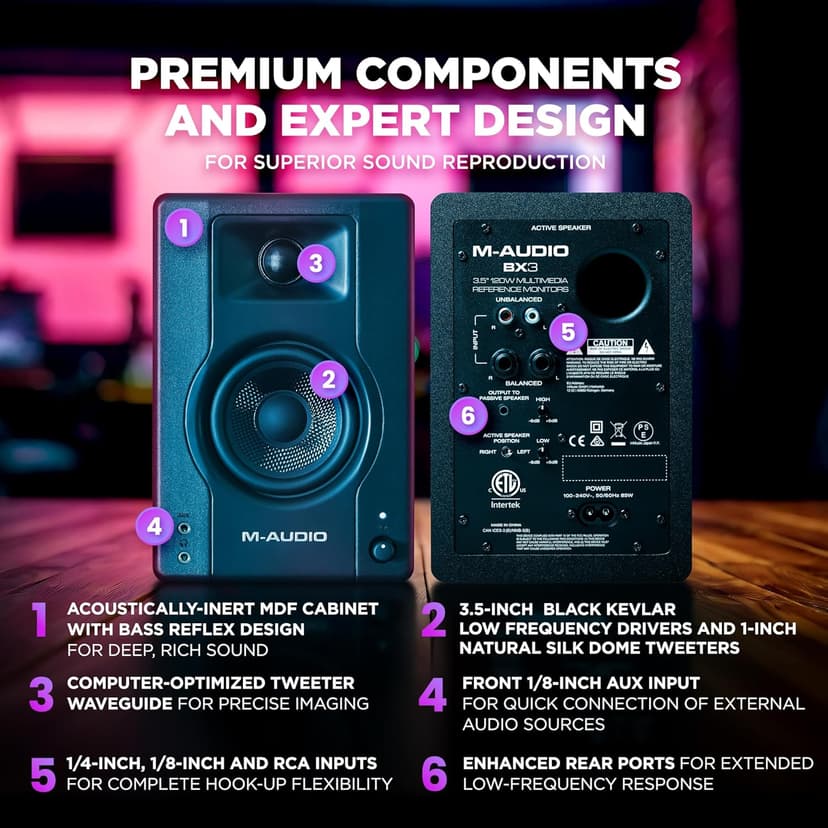 M-Audio BX3 3.5" Studio Monitors, HD PC Speakers for Recording and Multimedia with Music Production Software, 120W, Pair, Black