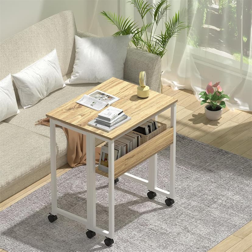 GreenForest Folding Desk Small Rolling Desk with Storage Shelf,24.8 inch Foldable Computer Desk with Wheels for Small Space,Easy Assembly,Oak
