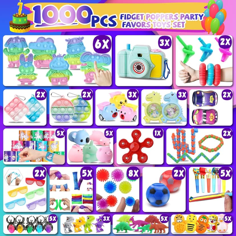 1000+ PCS Party Favors for Kids,Fidget Toys Pack,Christmas Stocking Stuffers,, Birthday Gift, Treasure Box,Goodie Bag Stuffers, Carnival Prizes, Toys Filler Sensory Toy for Classrooom