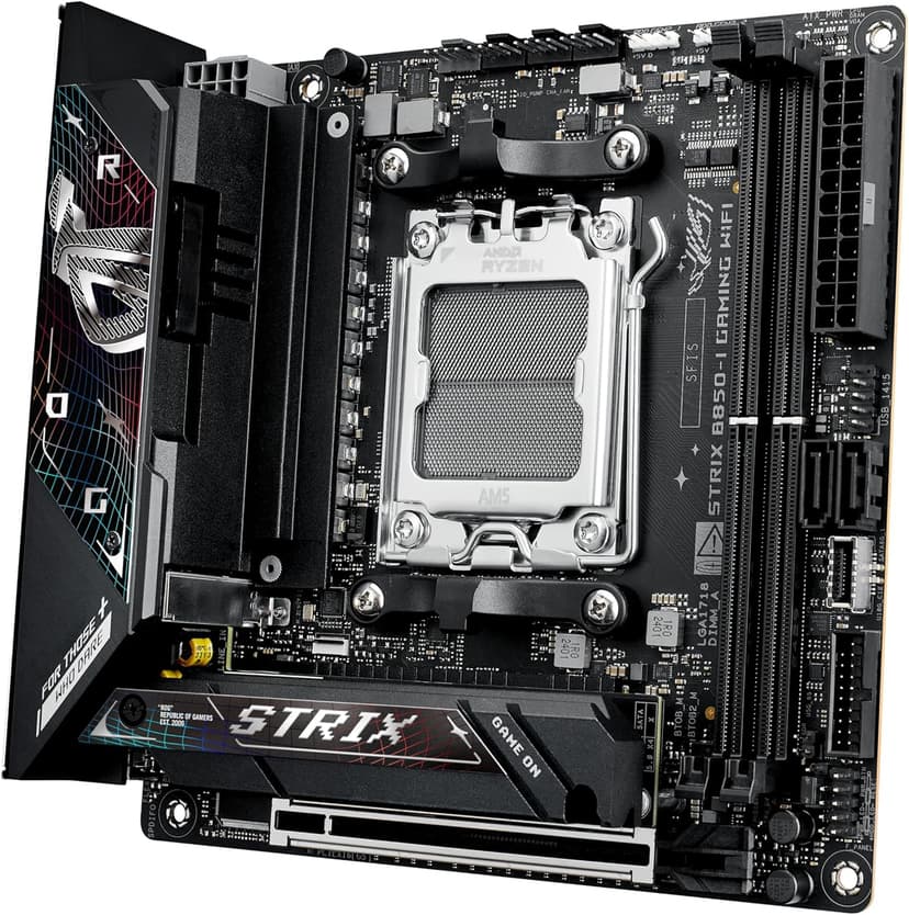 ASUS ROG Strix B850-I Gaming WiFi AMD AM5 B850 Mini-ITX mITX Motherboard 10+2+1 Stages, DDR5, 2.5G LAN, WiFi 7, 2X M.2, PCIe® 5.0 x16, USB 20Gbps Type-C®, AI Overclocking, AI Networking II, Aura Sync