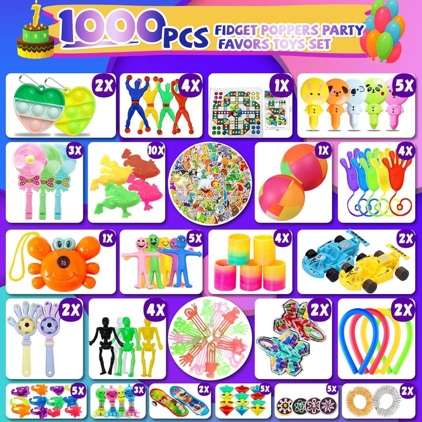 1000+ PCS Party Favors for Kids,Fidget Toys Pack,Christmas Stocking Stuffers,, Birthday Gift, Treasure Box,Goodie Bag Stuffers, Carnival Prizes, Toys Filler Sensory Toy for Classrooom
