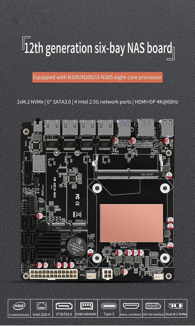 I3-N305 Industrial Motherboard NAS 8 Cores 8 Threads Low Power Processor 4x2.5G i226 Network M.2 Slot 6xSATA DP HDMI 2.0 PCIE ×1